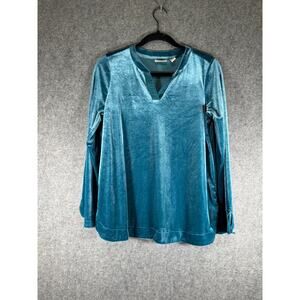LOGO by‎ Lori Goldstein Blouse Women 2XS Blue Velvet 3/4 Sleeve Relax Romantic